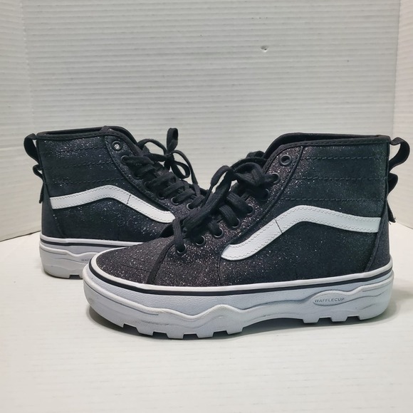 Vans Womens Size 7 Black High Top Platform Sneakers wafflecup glitter sparkly - Picture 1 of 8